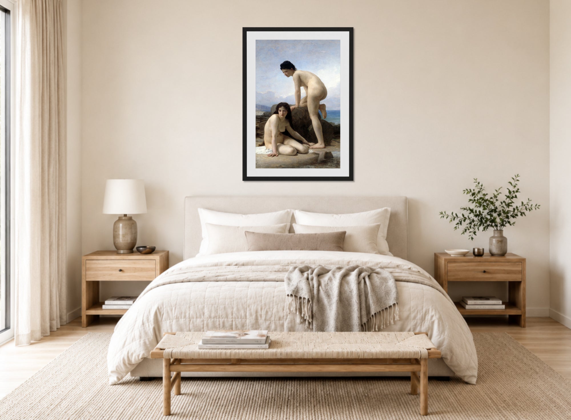 William-Adolphe Bouguereau Print, The Bathers (1884) displayed above a bed