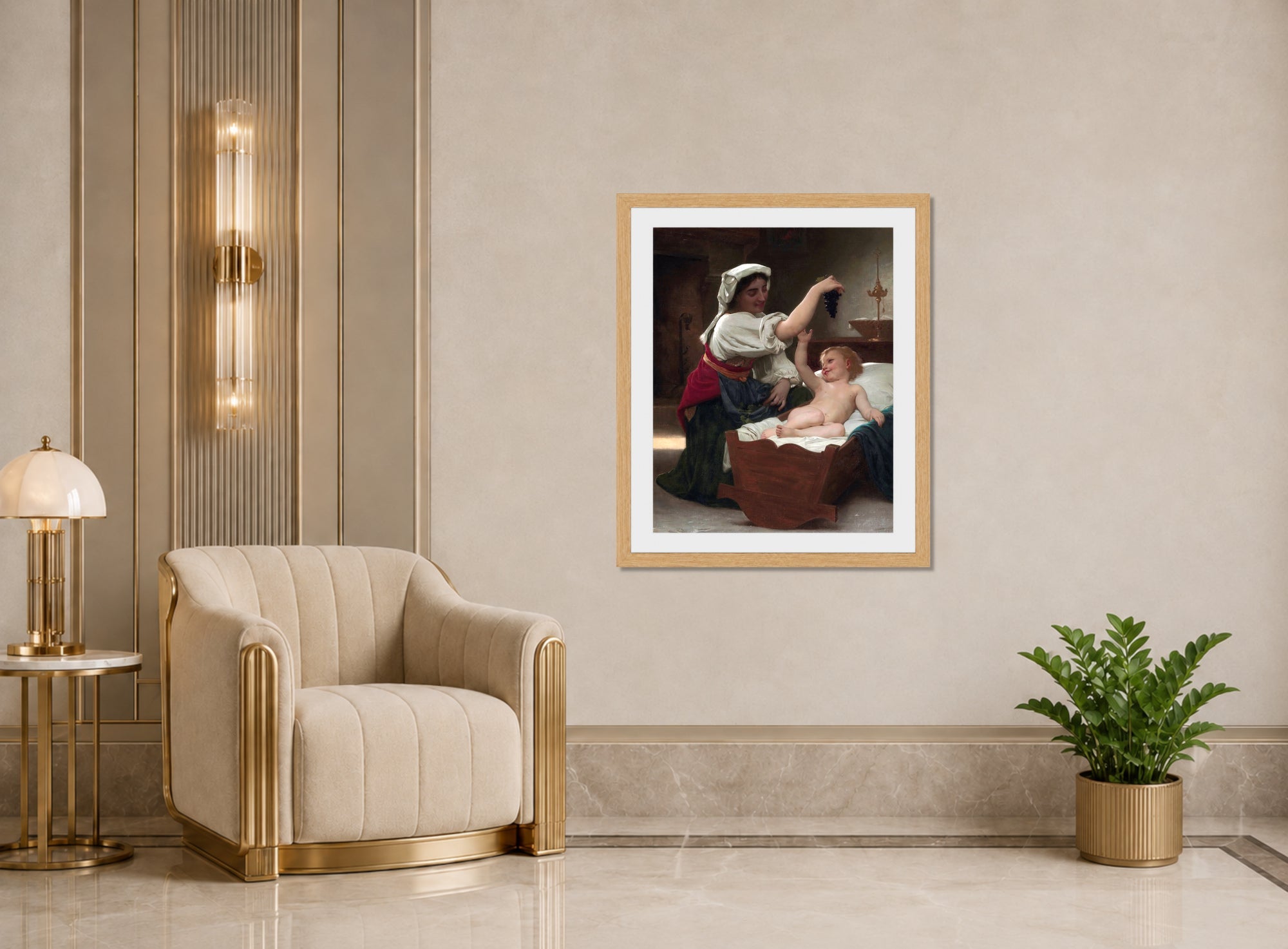 William-Adolphe Bouguereau Print, The Bunch Of Grape (1868) displayed in an Art Deco interior