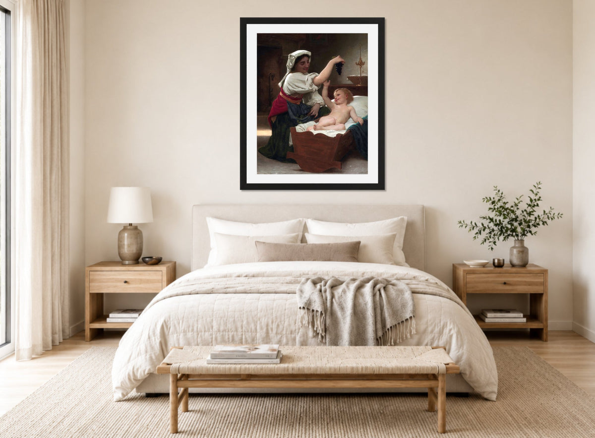 William-Adolphe Bouguereau Print, The Bunch Of Grape (1868) displayed above a bed
