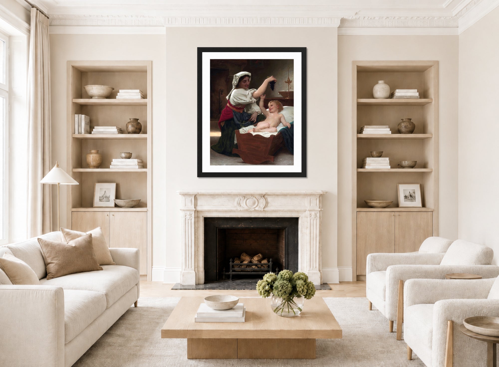 William-Adolphe Bouguereau Print, The Bunch Of Grape (1868) displayed in a Scandinavian living room