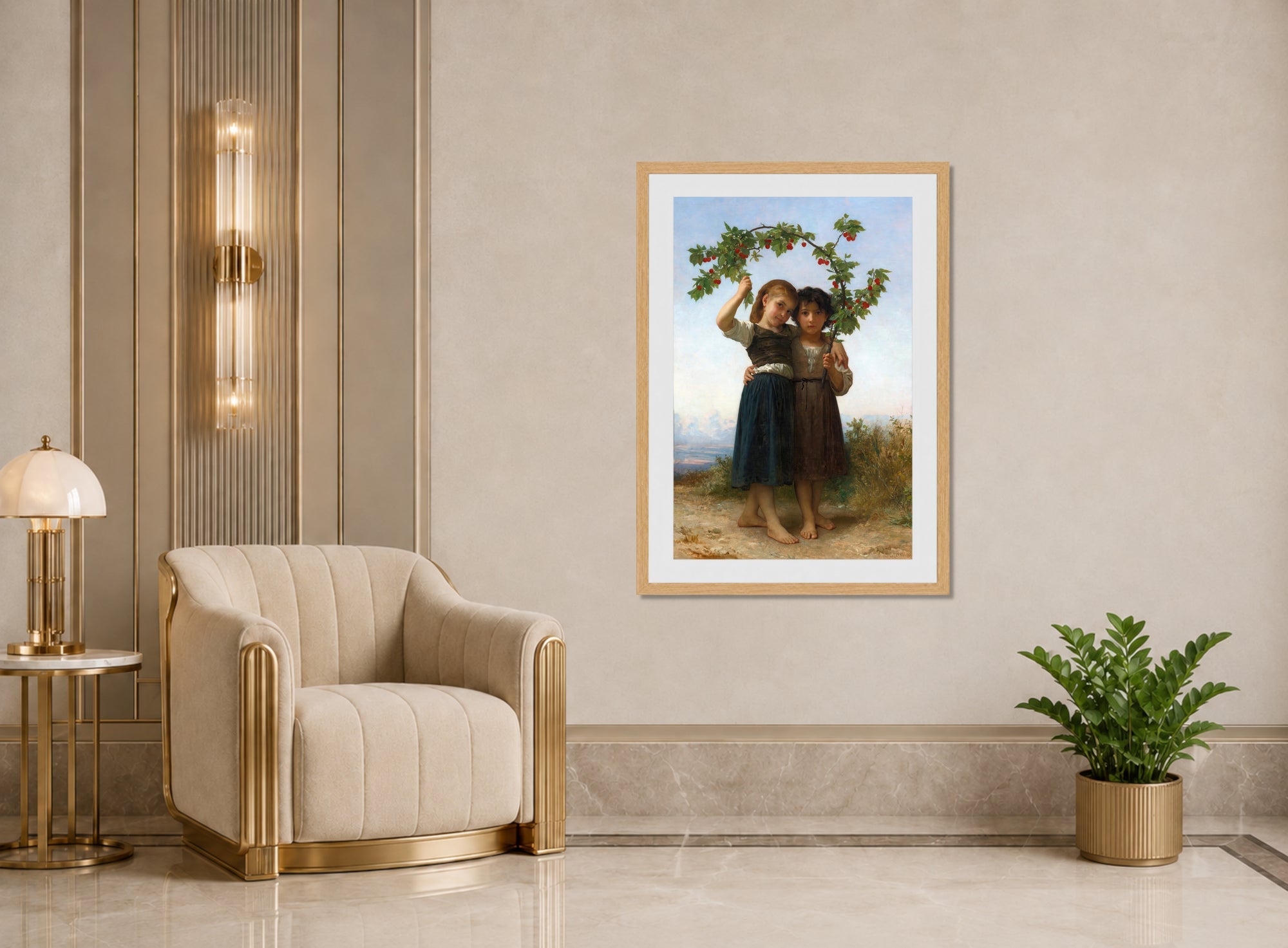 William-Adolphe Bouguereau Print, The Cherry Branch (1881) displayed in an Art Deco interior