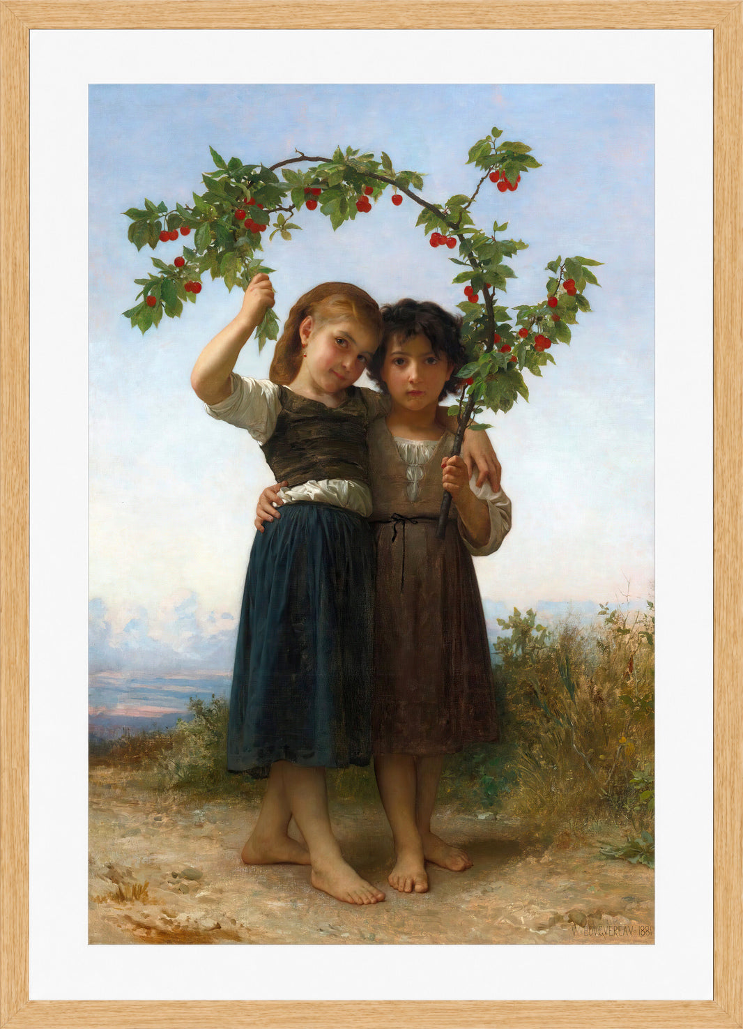 William-Adolphe Bouguereau Print, The Cherry Branch (1881) in a light oak frame