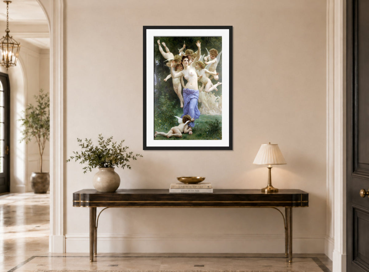 William-Adolphe Bouguereau Print, The Invasion (1892) displayed above a console table