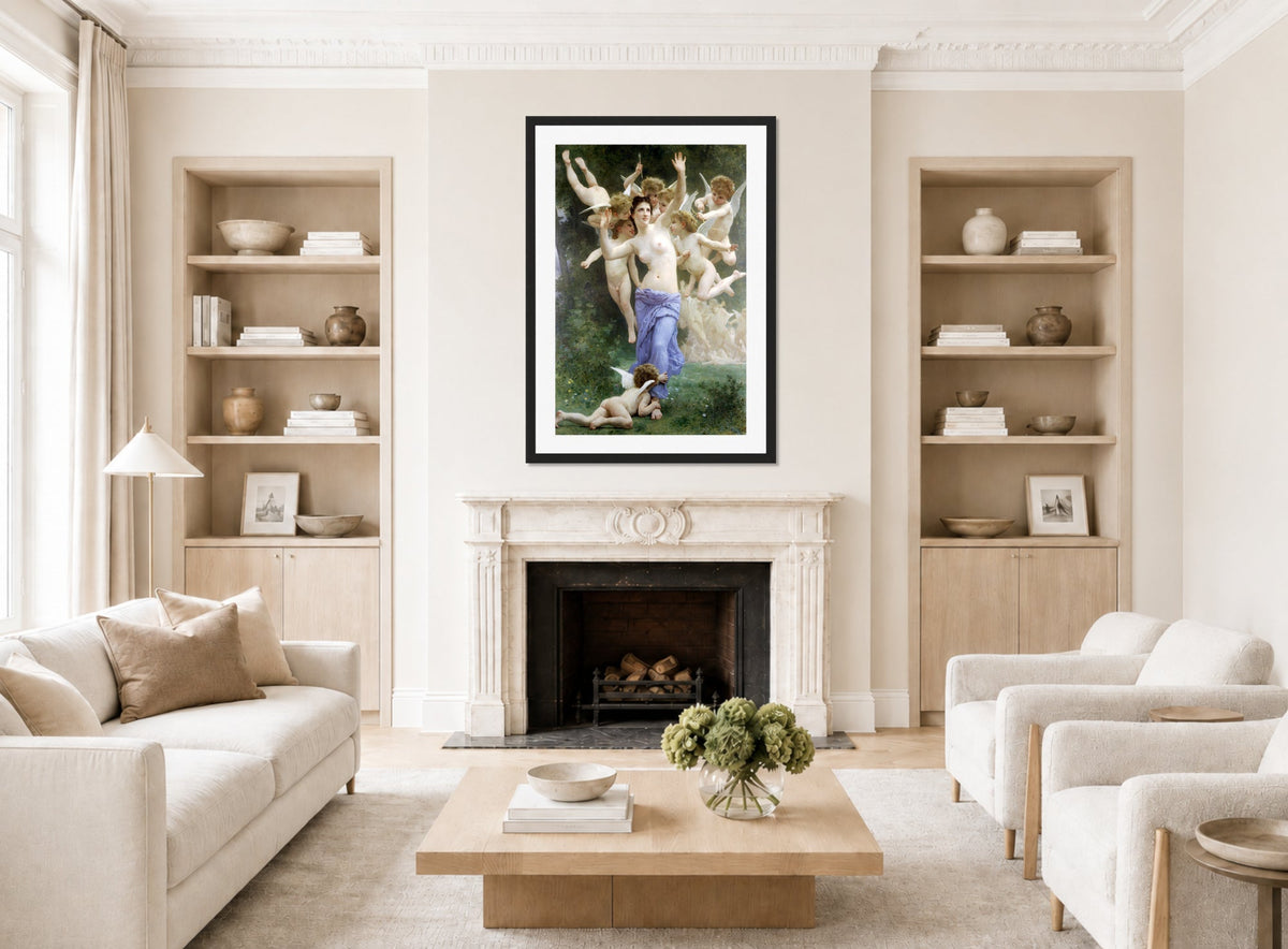 William-Adolphe Bouguereau Print, The Invasion (1892) displayed in a Scandinavian living room