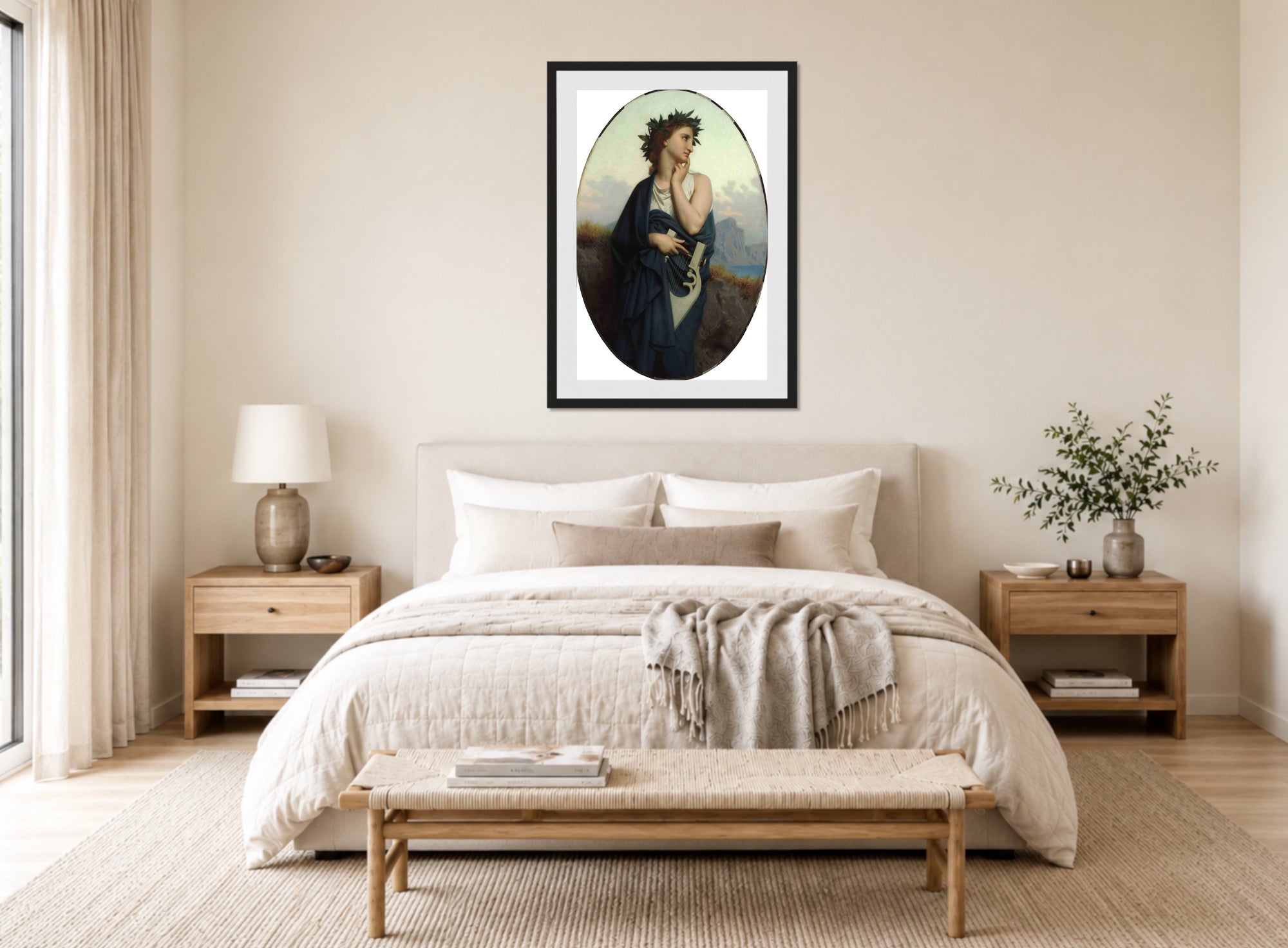 William-Adolphe Bouguereau Print, The Muse (Philomèle) (1861) displayed above a bed