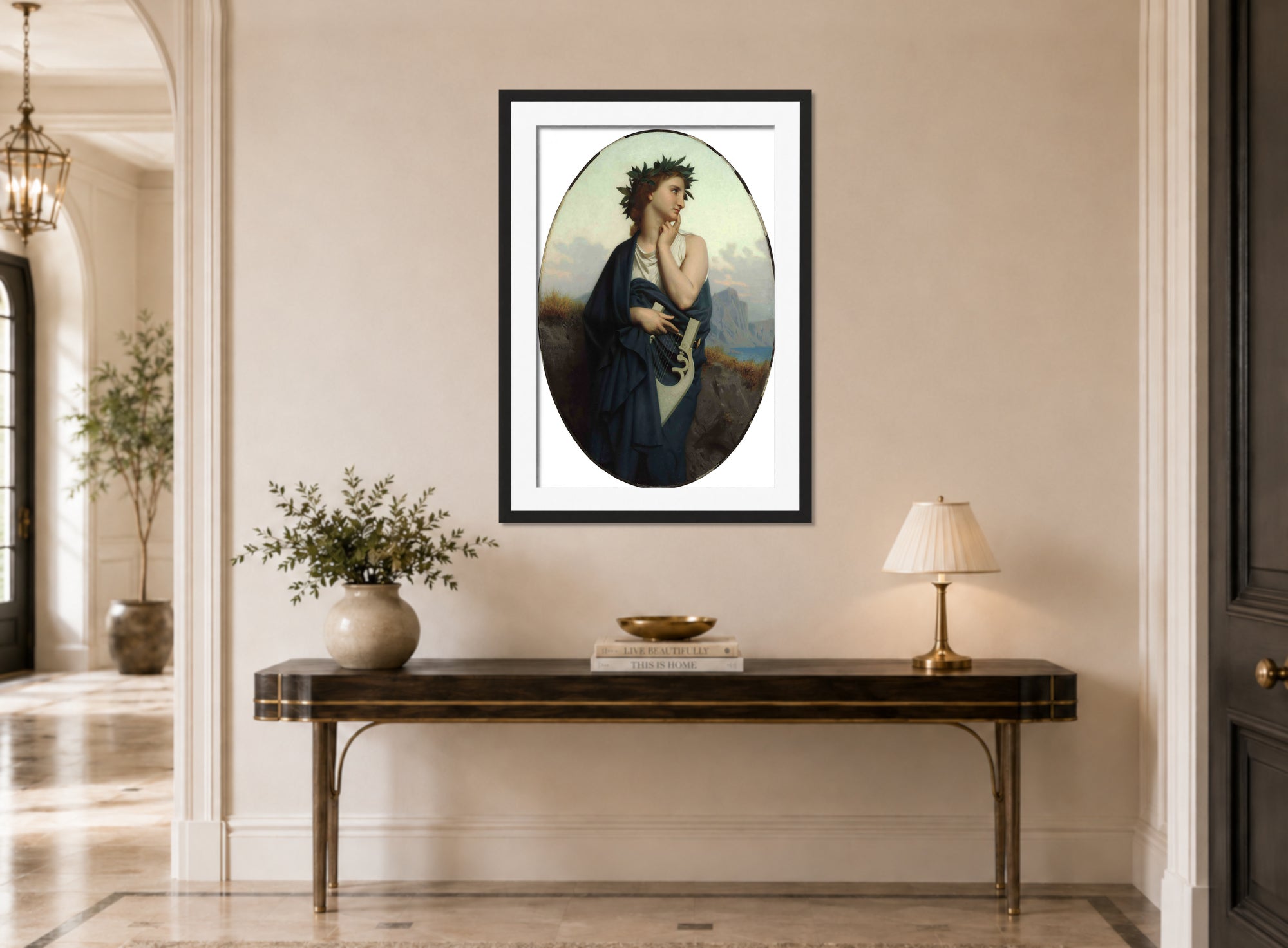 William-Adolphe Bouguereau Print, The Muse (Philomèle) (1861) displayed above a console table