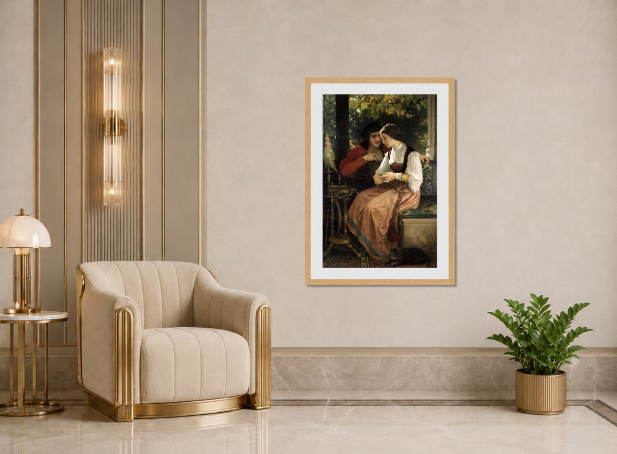 William-Adolphe Bouguereau Print, The Proposal (1872) displayed in an Art Deco interior