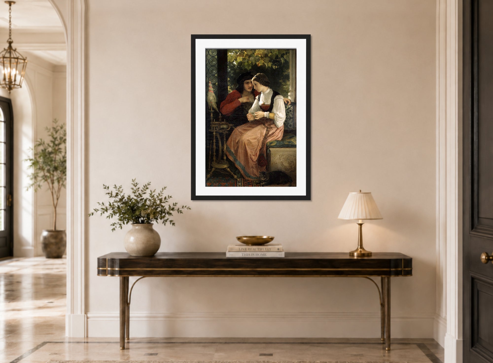 William-Adolphe Bouguereau Print, The Proposal (1872) displayed above a console table