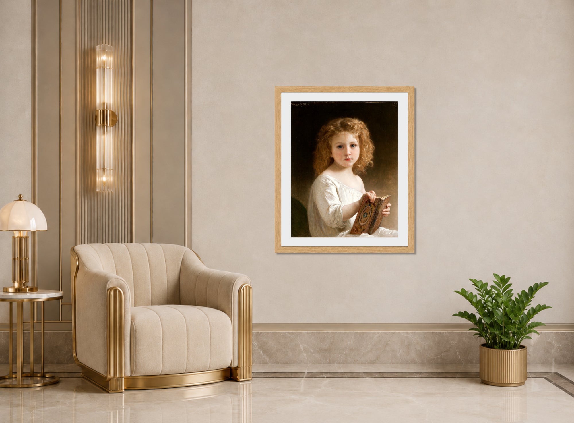 William-Adolphe Bouguereau Print, The Story Book (1877) displayed in an Art Deco interior