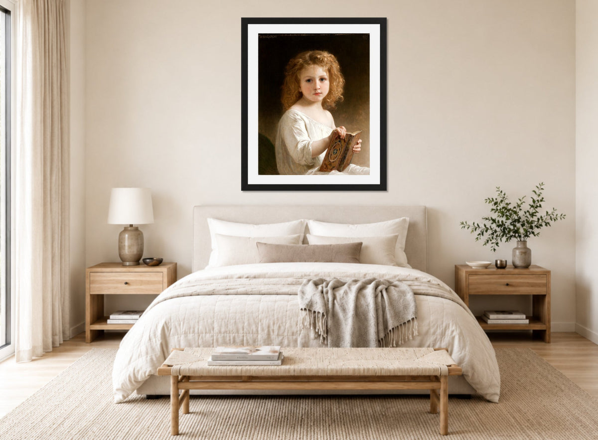William-Adolphe Bouguereau Print, The Story Book (1877) displayed above a bed