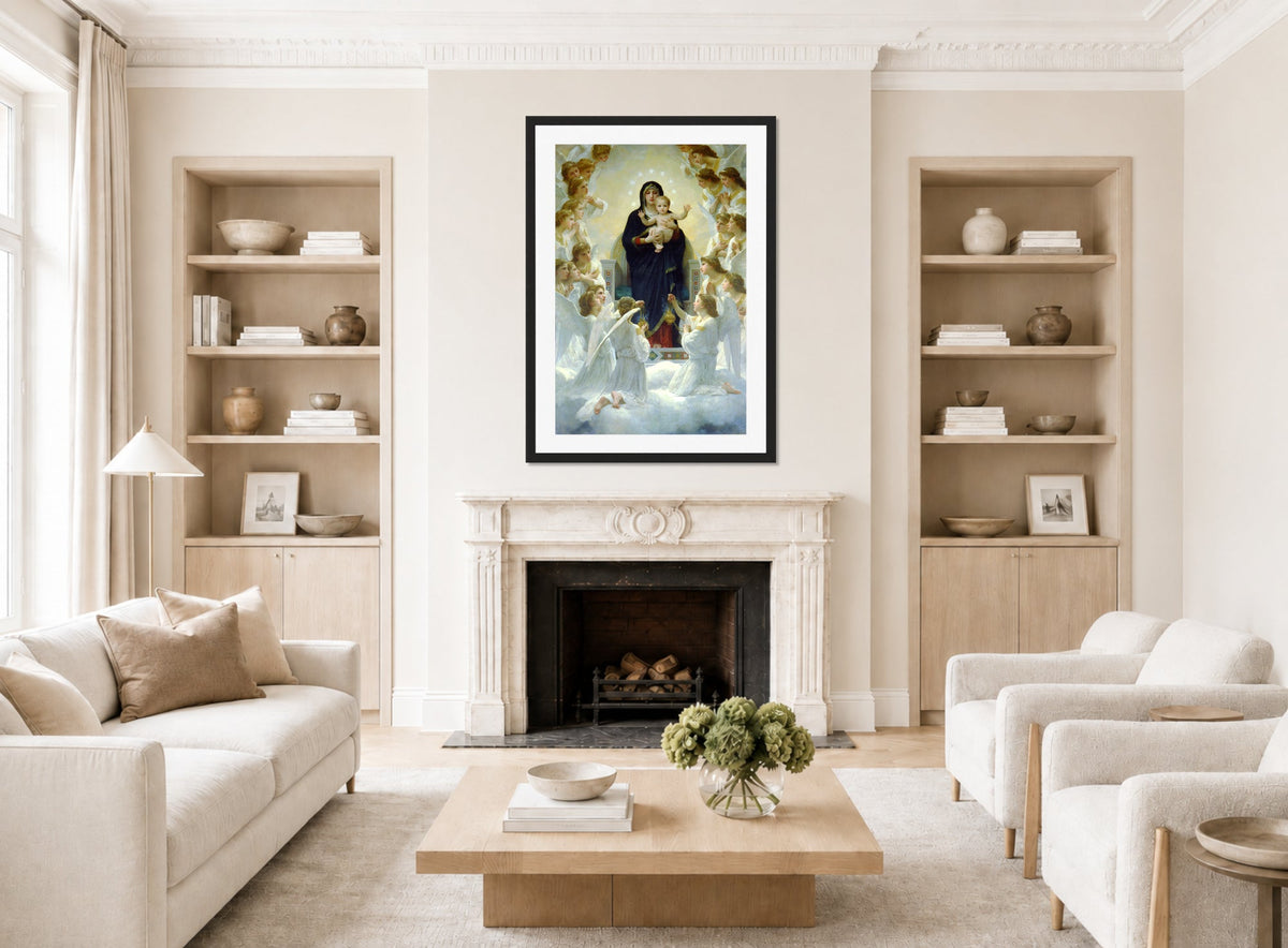 William-Adolphe Bouguereau Print, The Virgin With Angels (1900) displayed in a Scandinavian living room
