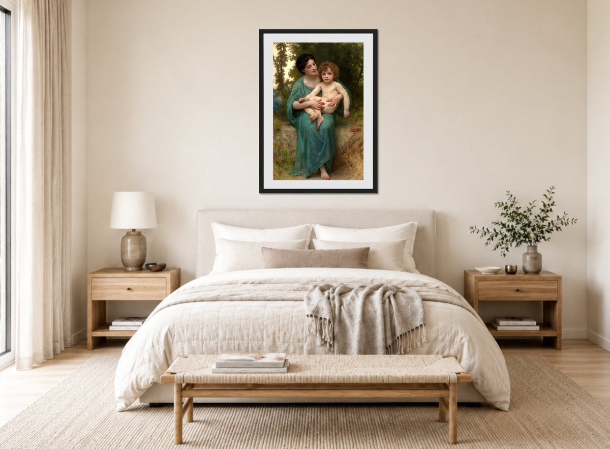 William-Adolphe Bouguereau Print, The Younger Brother (1903) displayed above a bed