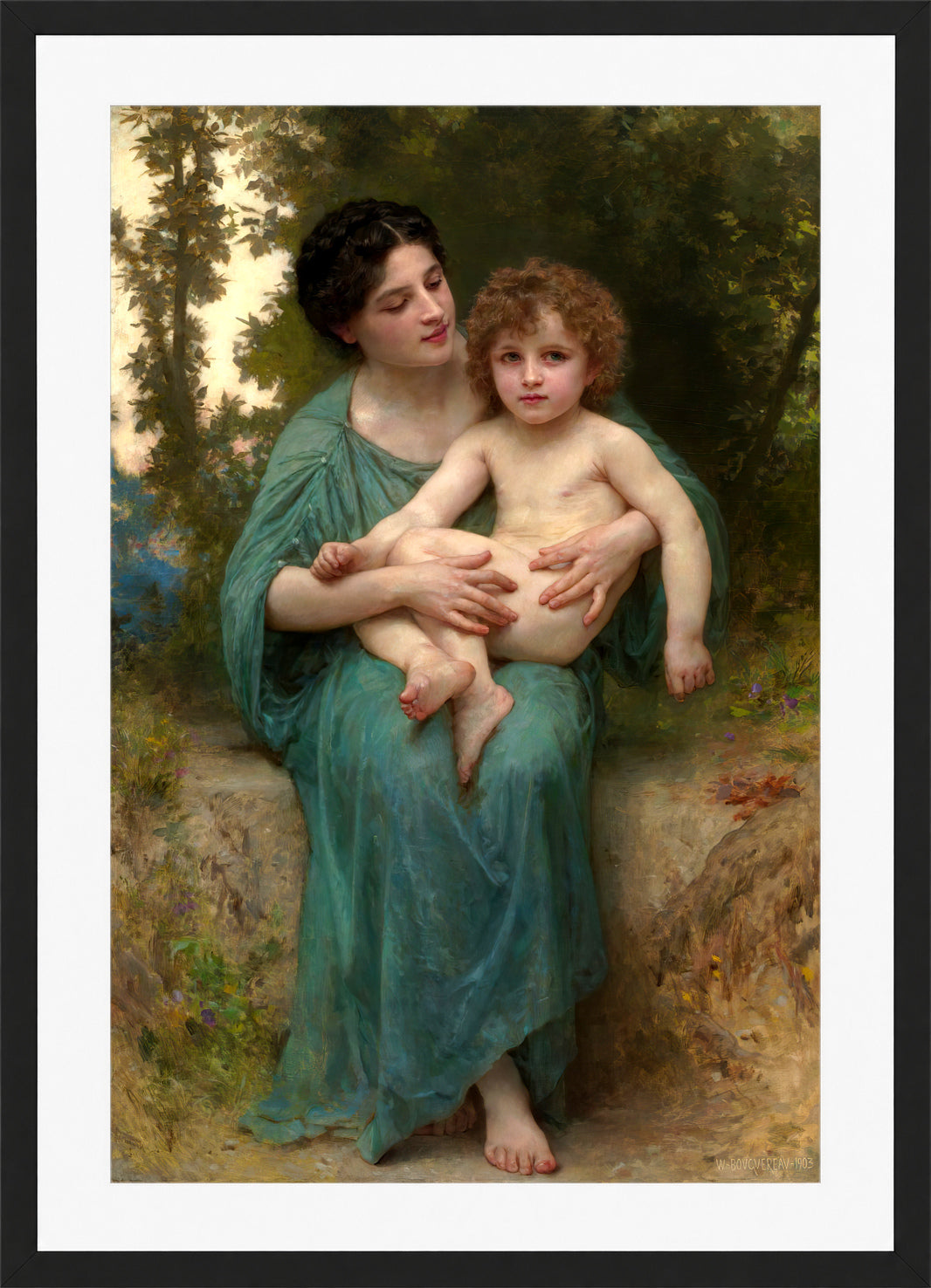 William-Adolphe Bouguereau Print, The Younger Brother (1903) in a black frame