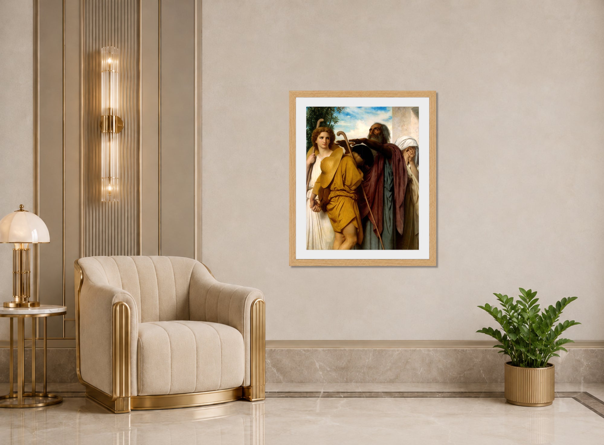 William-Adolphe Bouguereau Print, Tobias Saying Good-Bye To His Father (1860) displayed in an Art Deco interior