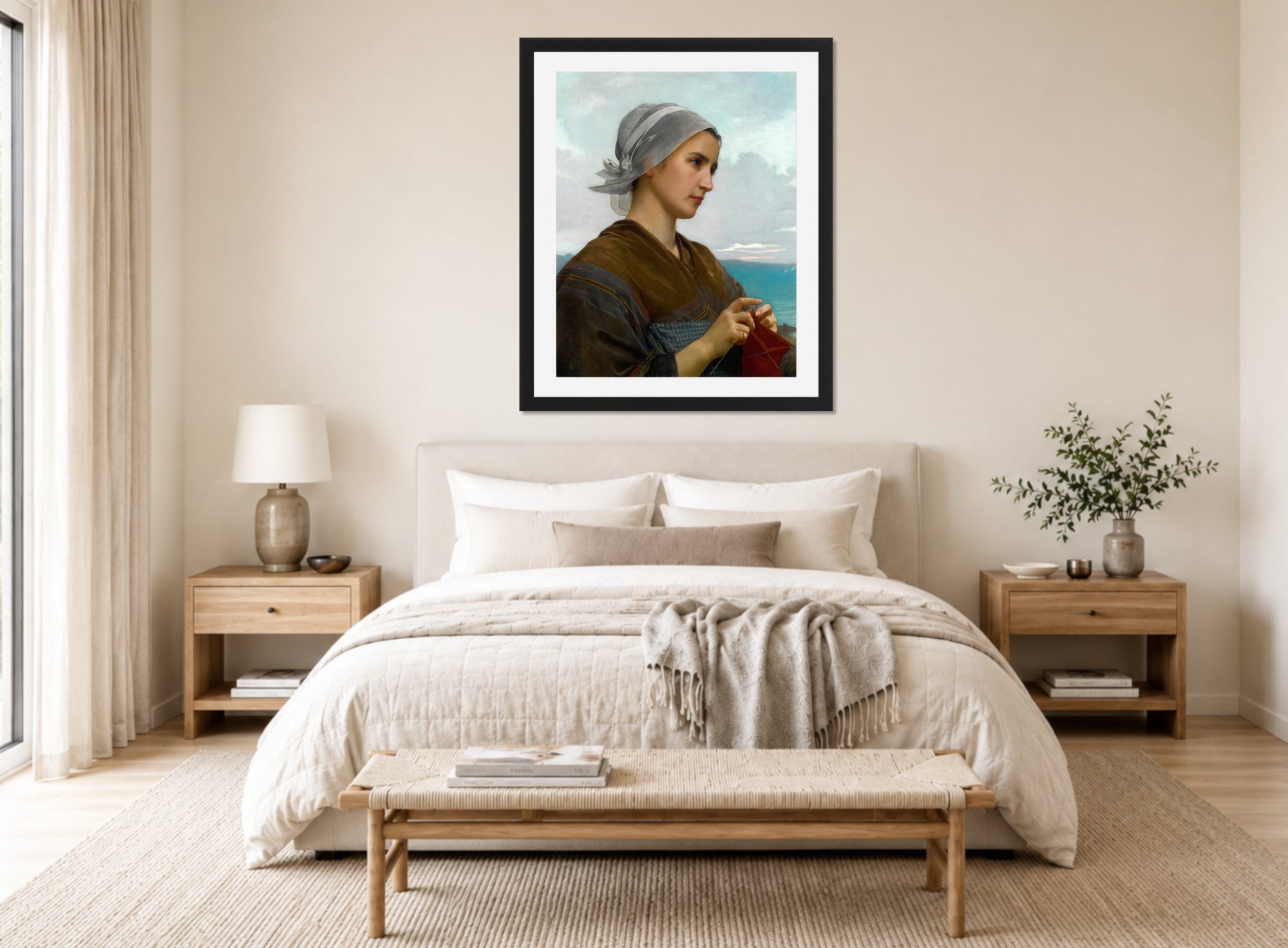 William-Adolphe Bouguereau Print, Tricoteuse Bretonne (1871) displayed above a bed