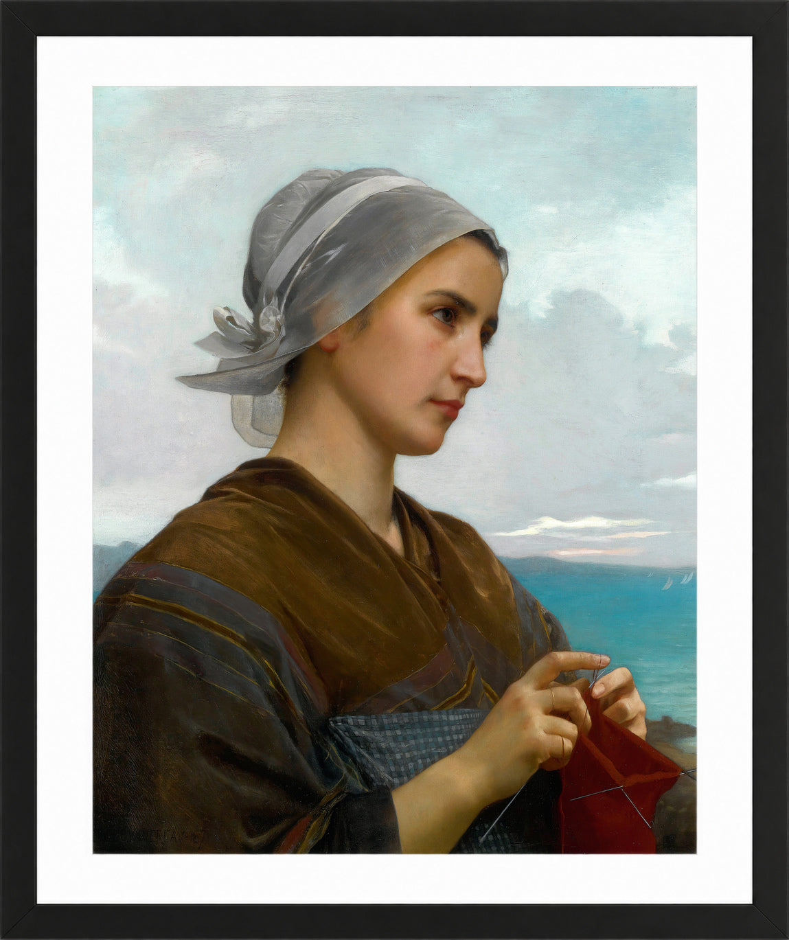 William-Adolphe Bouguereau Print, Tricoteuse Bretonne (1871) in a black frame