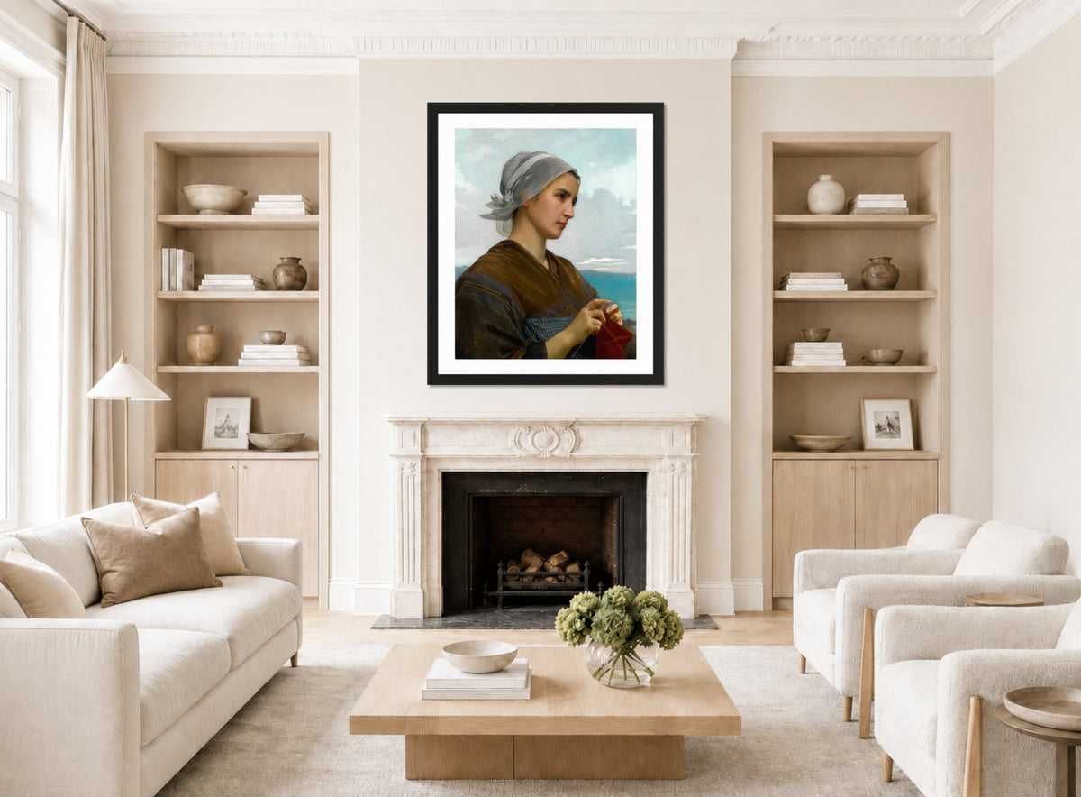 William-Adolphe Bouguereau Print, Tricoteuse Bretonne (1871) displayed in a Scandinavian living room