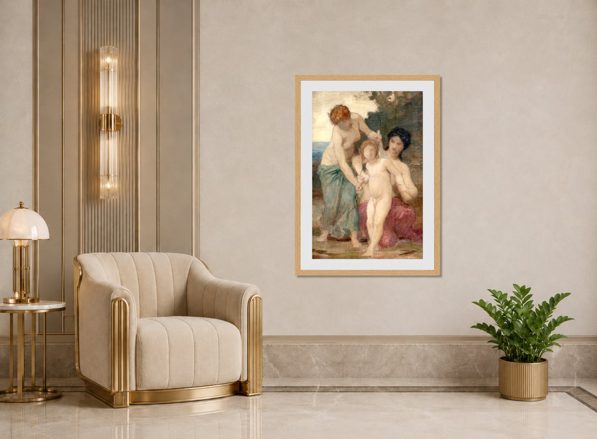 William-Adolphe Bouguereau Print, Two women & putto displayed in an Art Deco interior