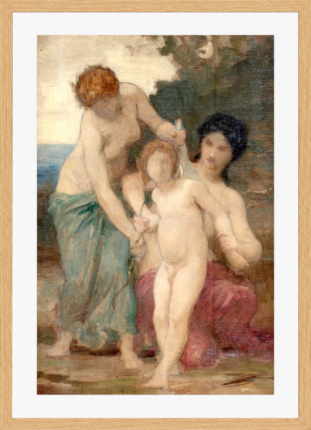 William-Adolphe Bouguereau Print, Two women & putto in a light oak frame