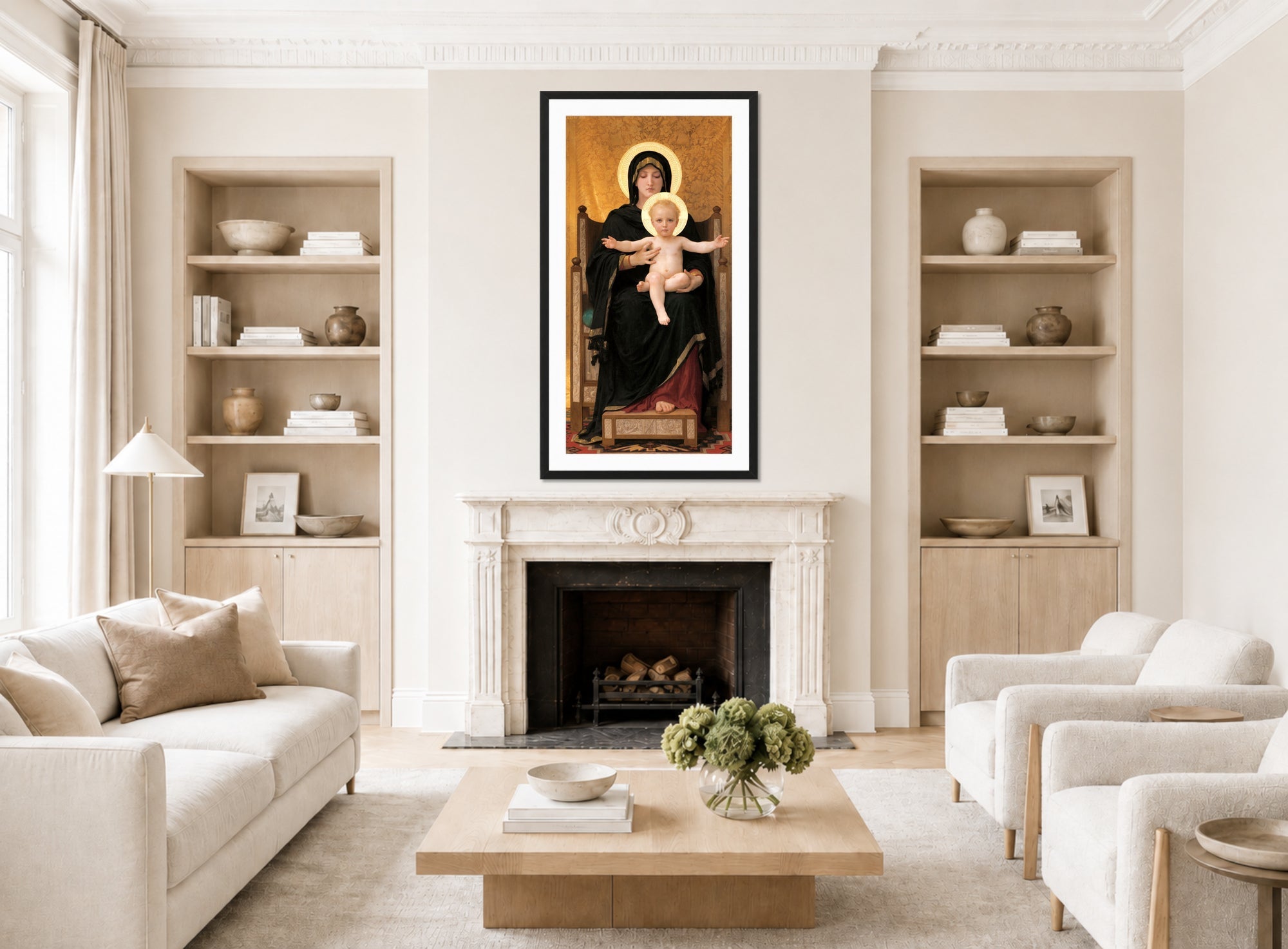 William-Adolphe Bouguereau Print, Virgin and Child (1888) displayed in a Scandinavian living room