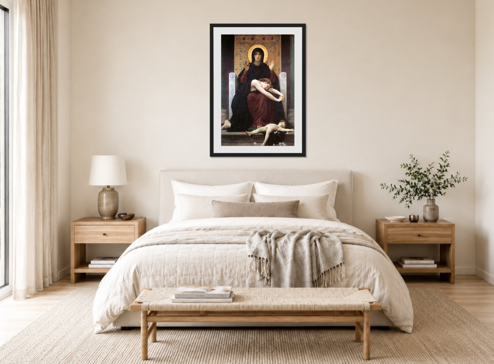 William-Adolphe Bouguereau Print, Virgin Comforter (1875) displayed above a bed