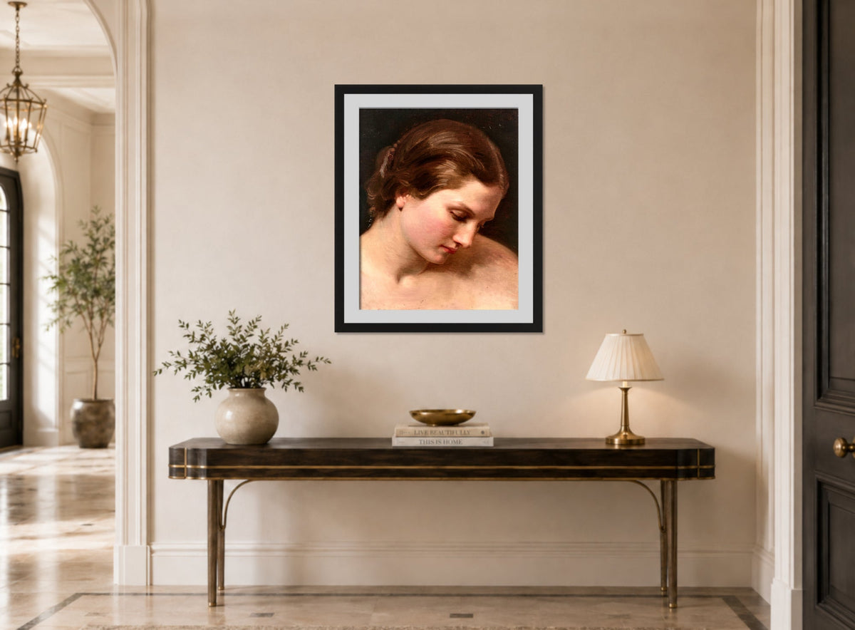 William-Adolphe Bouguereau Print, Visage de femme de profil displayed above a console table
