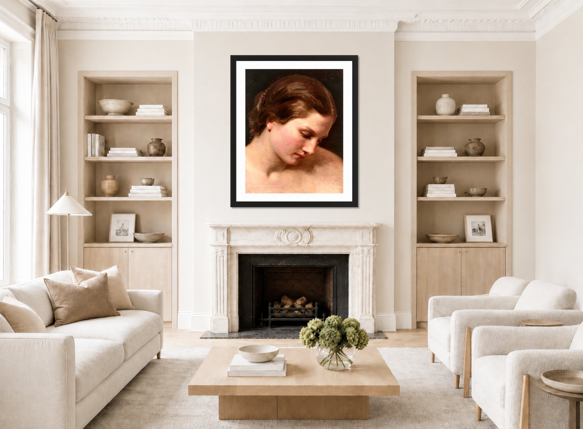 William-Adolphe Bouguereau Print, Visage de femme de profil displayed in a Scandinavian living room