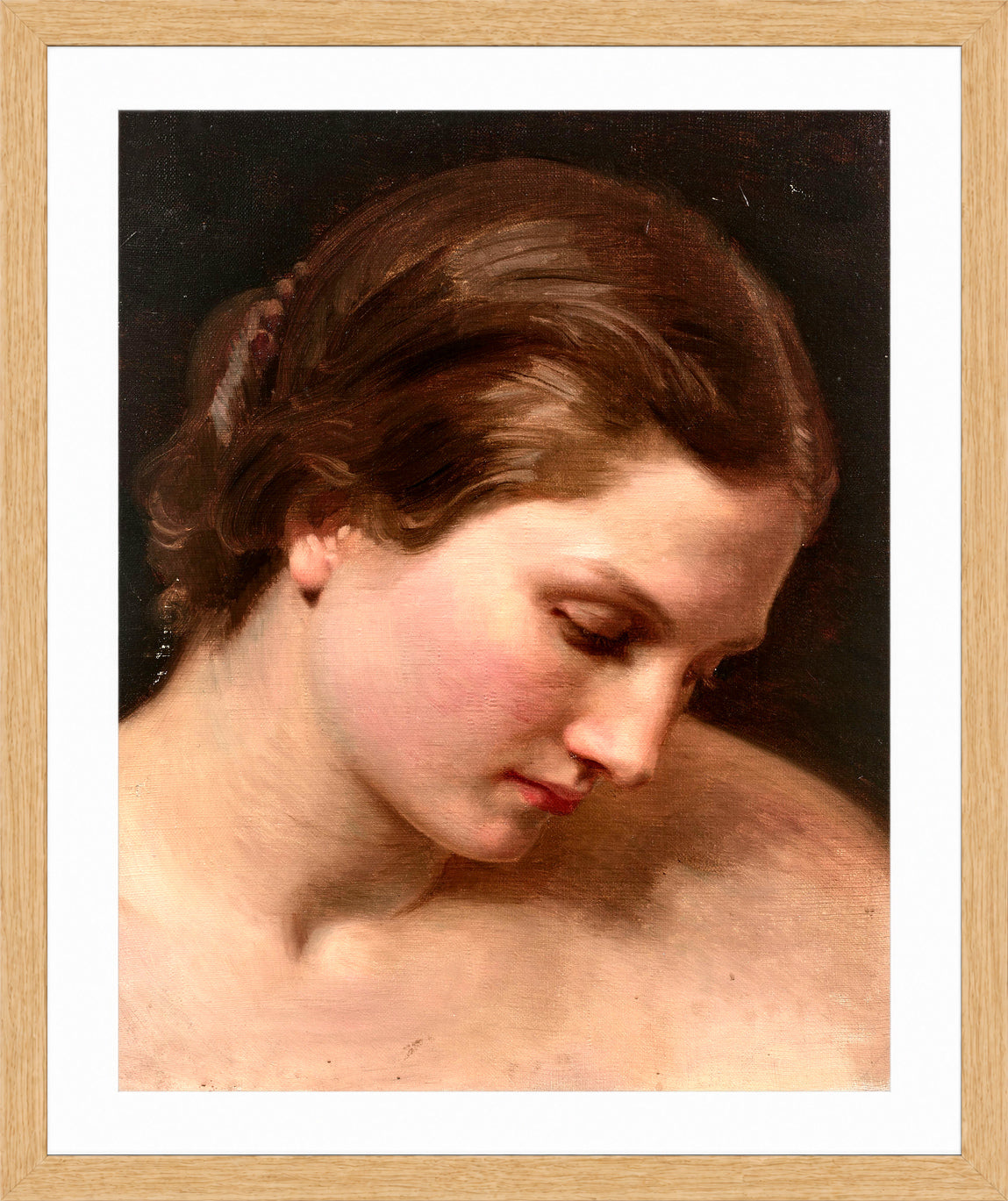 William-Adolphe Bouguereau Print, Visage de femme de profil in a light oak frame