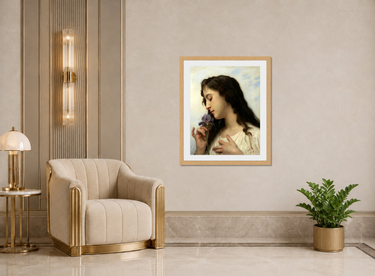 William-Adolphe Bouguereau Print, Woman with Iris (1895) displayed in an Art Deco interior