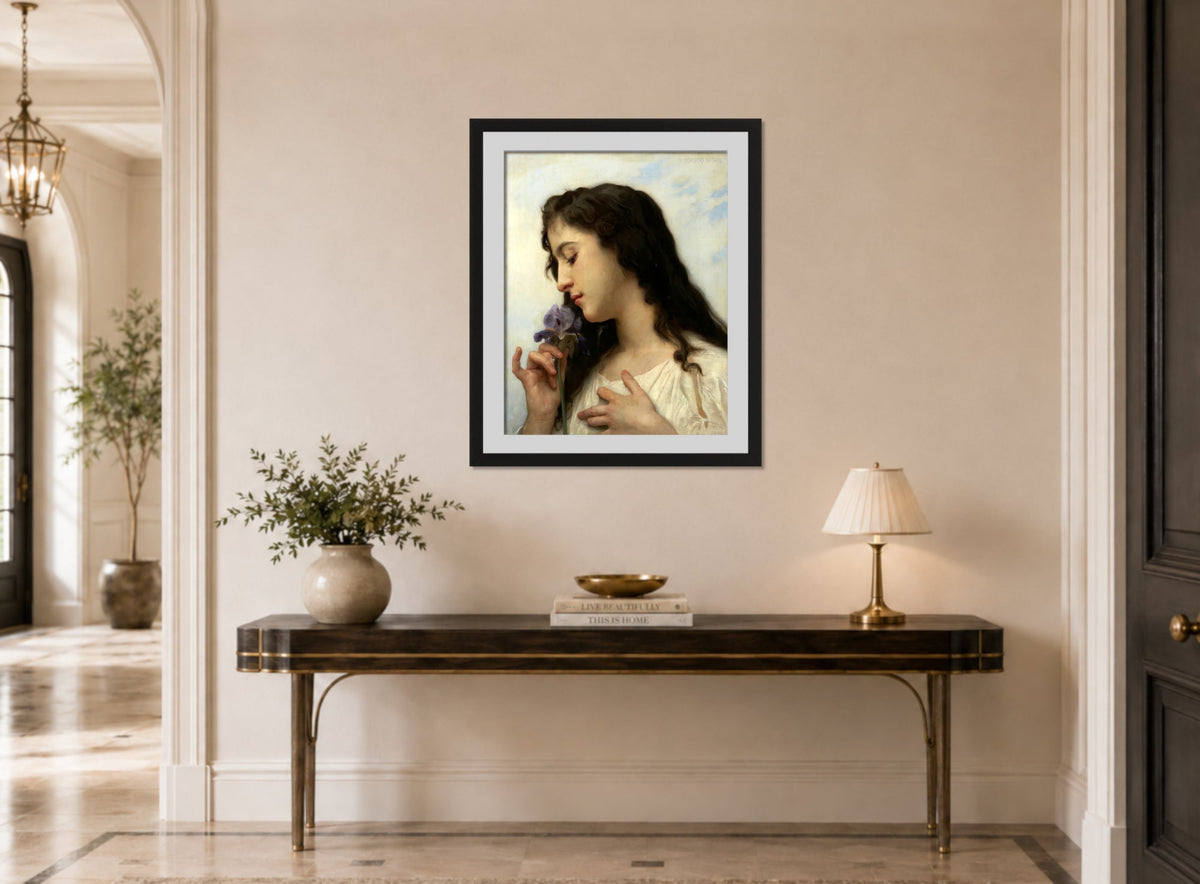 William-Adolphe Bouguereau Print, Woman with Iris (1895) displayed above a console table