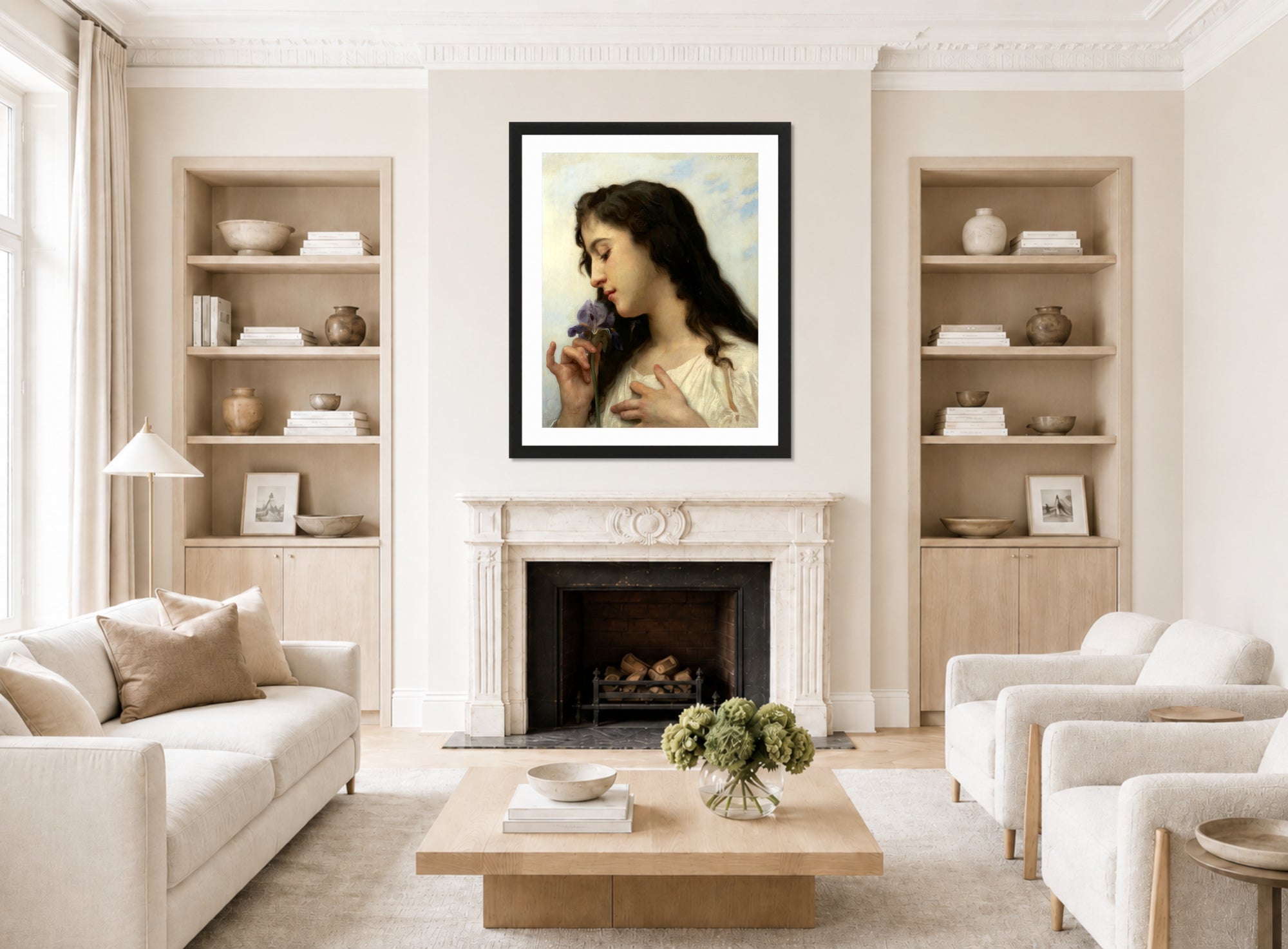 William-Adolphe Bouguereau Print, Woman with Iris (1895) displayed in a Scandinavian living room