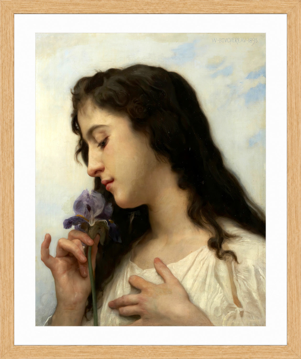 William-Adolphe Bouguereau Print, Woman with Iris (1895) in a light oak frame