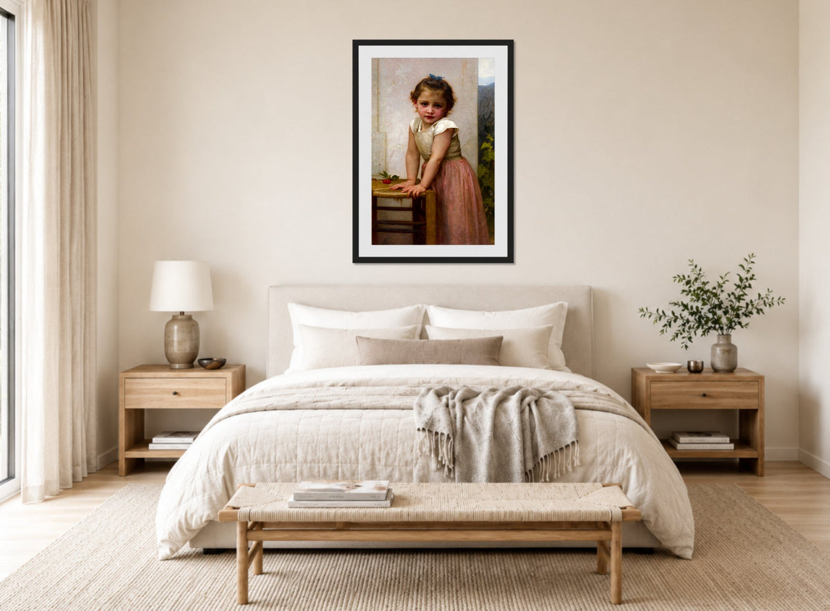 William-Adolphe Bouguereau Print, Yvonne (1896) displayed above a bed