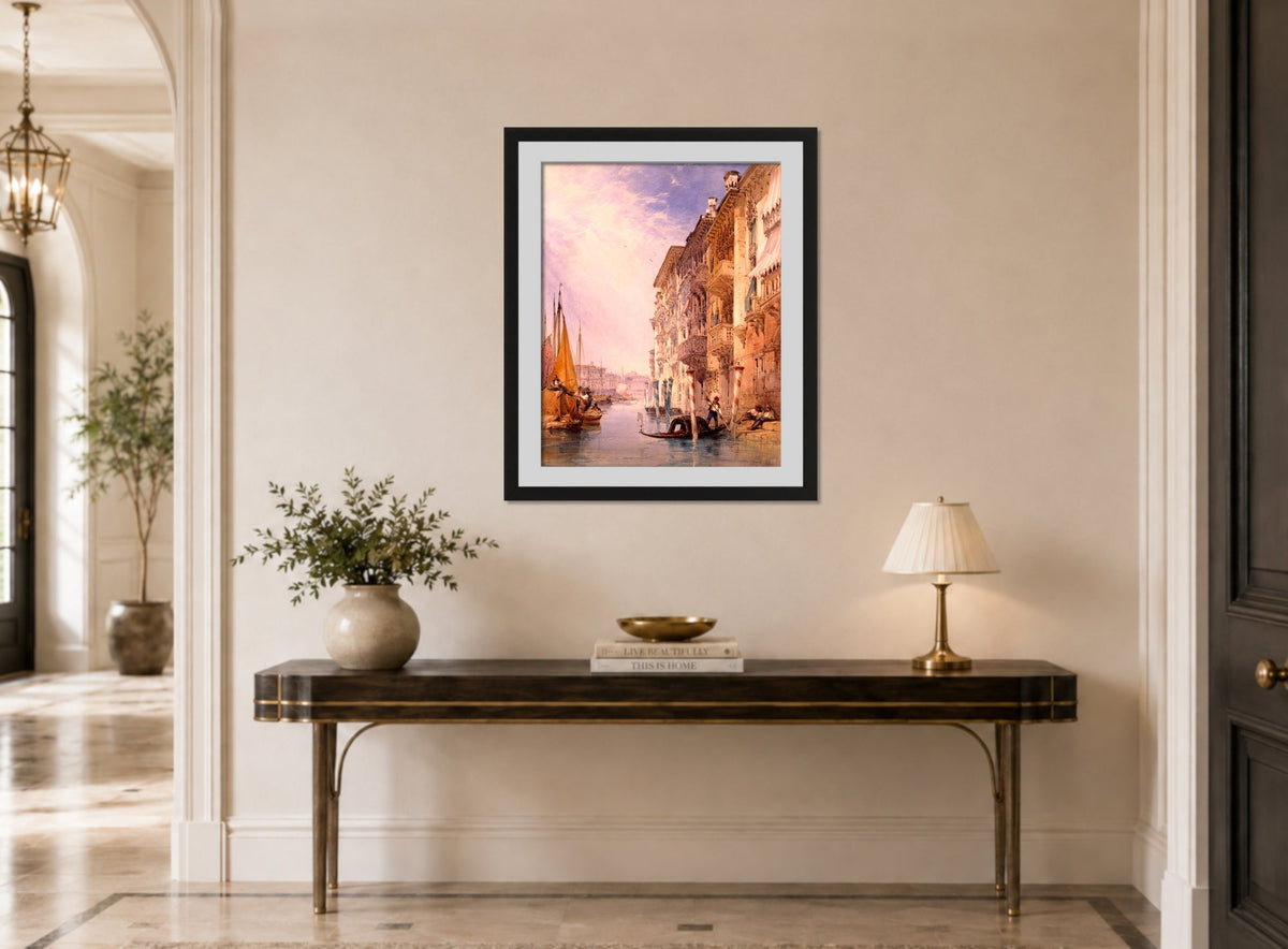 William Callow Print, A Gondola on the Grand Canal, Venice (1866) displayed above a console table
