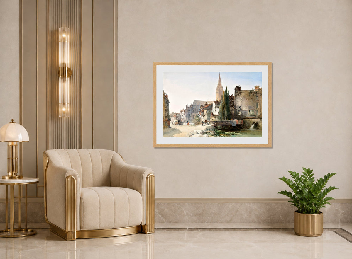 William Callow Print, A view of St Pier, Caen, France (1865) displayed in an Art Deco interior