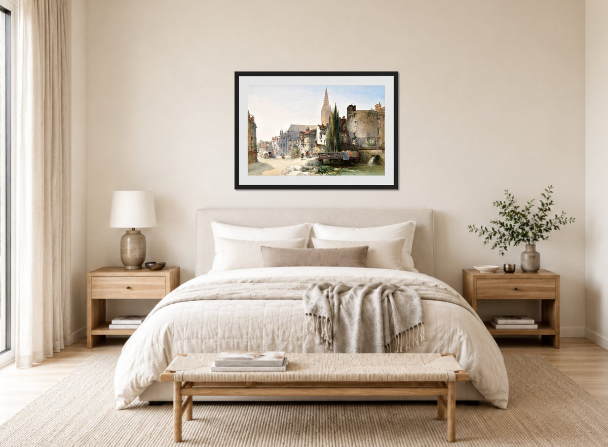 William Callow Print, A view of St Pier, Caen, France (1865) displayed above a bed