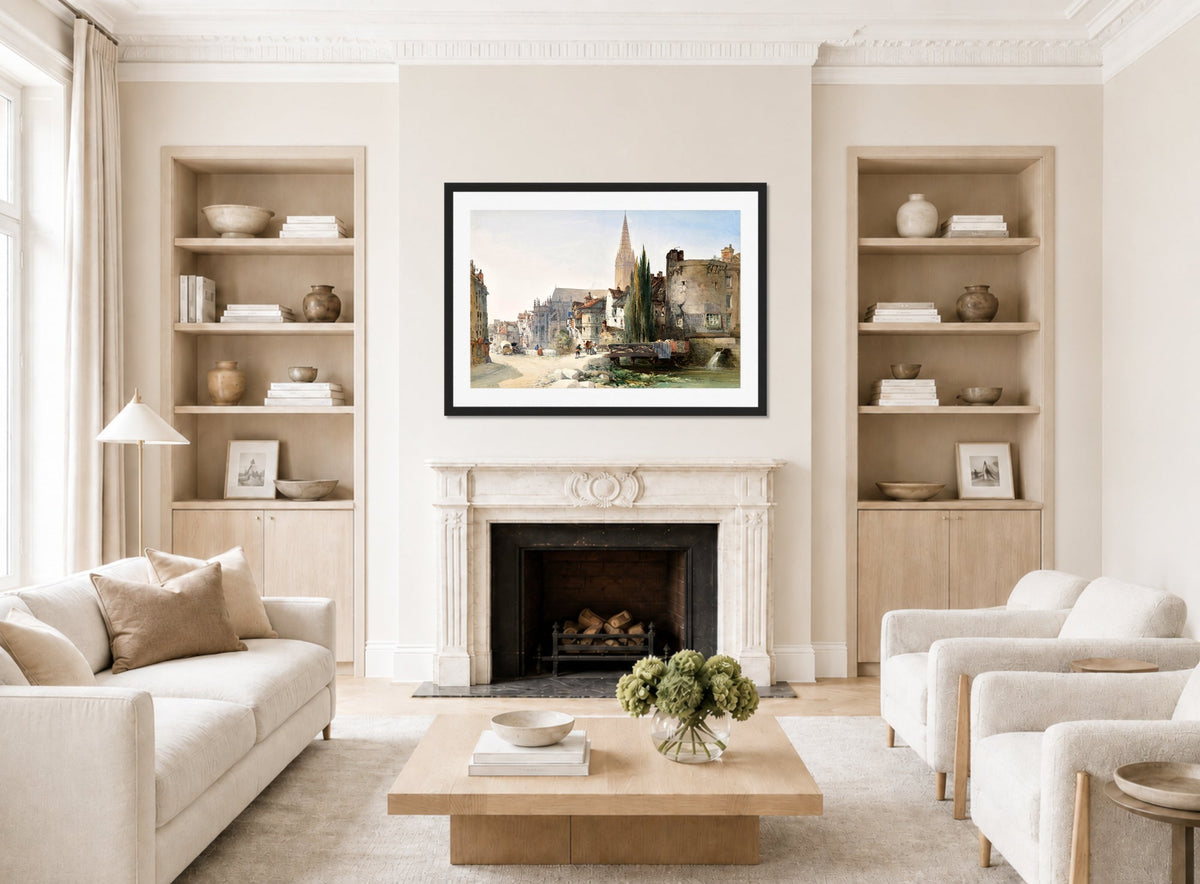 William Callow Print, A view of St Pier, Caen, France (1865) displayed in a Scandinavian living room