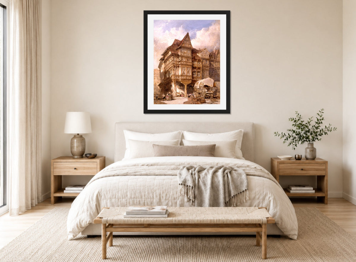 William Callow Print, Albrecht Durer’s House at Nuremberg (1875) displayed above a bed