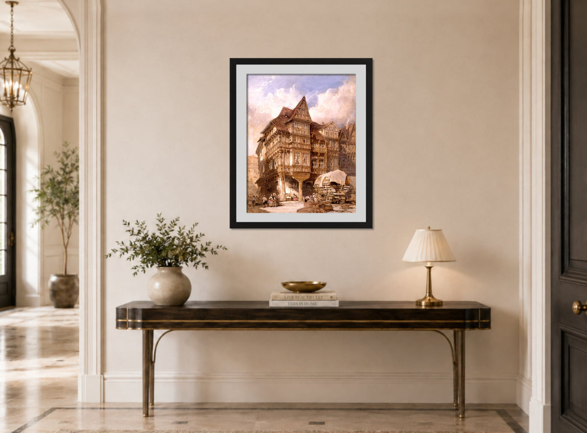 William Callow Print, Albrecht Durer’s House at Nuremberg (1875) displayed above a console table