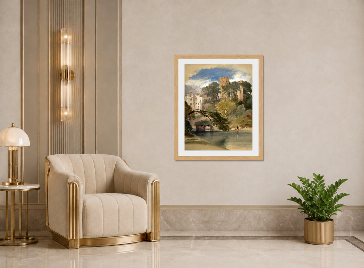 William Callow Print, Caesar’s Tower, Warwick Castle (ca displayed in an Art Deco interior