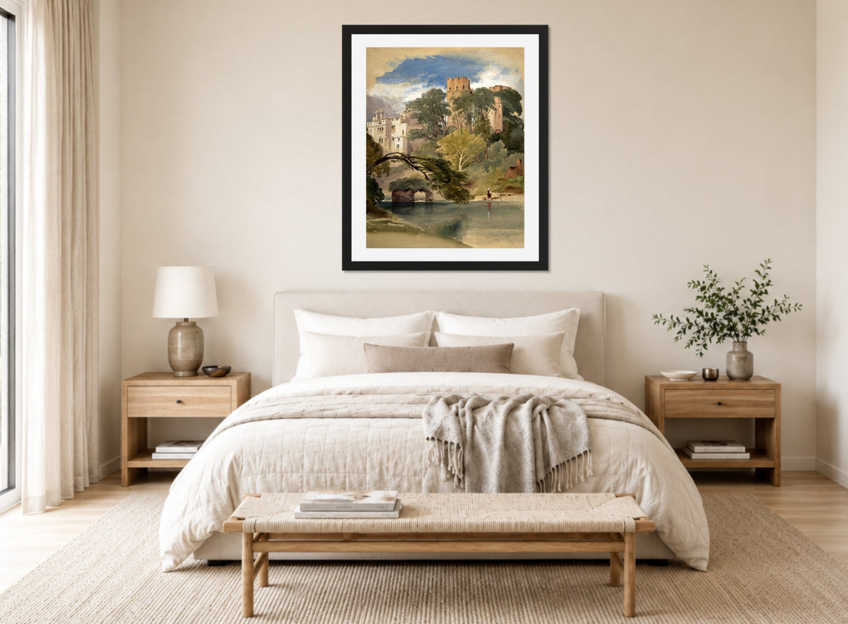 William Callow Print, Caesar’s Tower, Warwick Castle (ca displayed above a bed