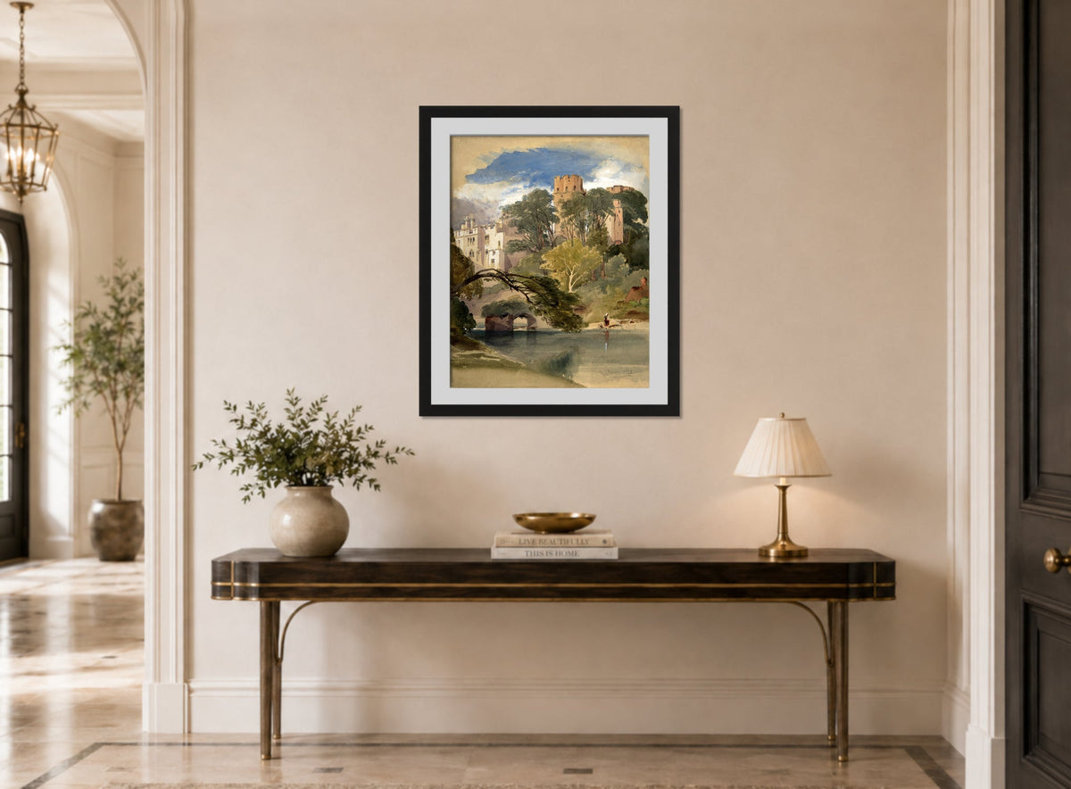 William Callow Print, Caesar’s Tower, Warwick Castle (ca displayed above a console table