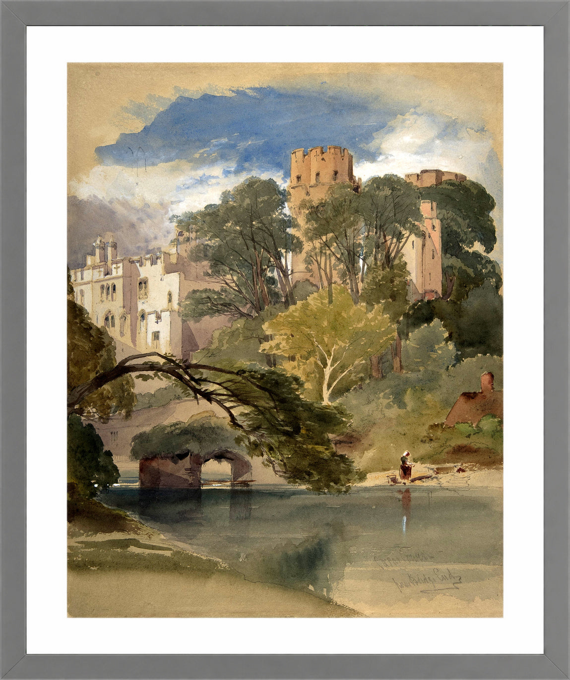William Callow Print, Caesar’s Tower, Warwick Castle (ca in a light grey frame