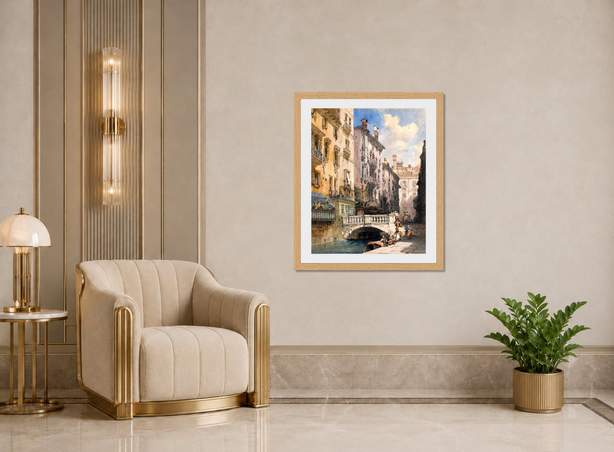 William Callow Print, Canal Barataria, Venice (1885) displayed in an Art Deco interior