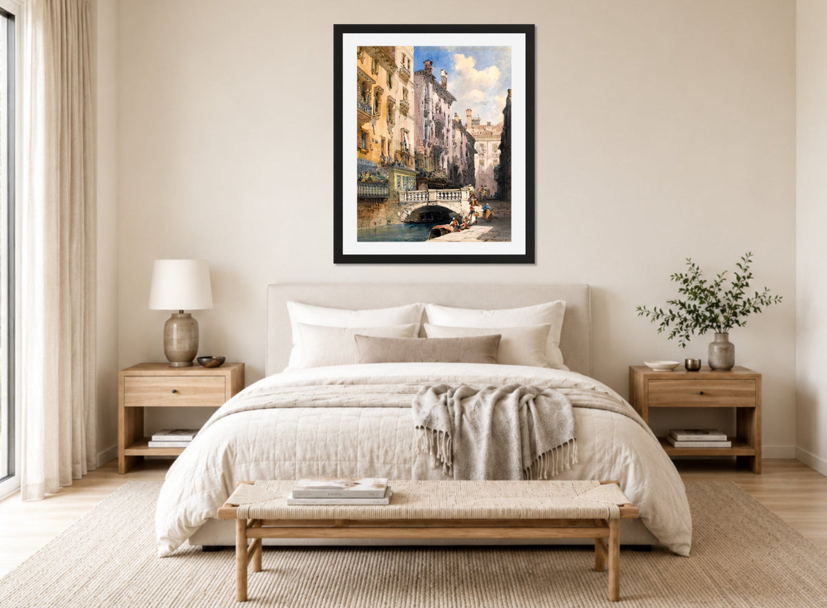 William Callow Print, Canal Barataria, Venice (1885) displayed above a bed