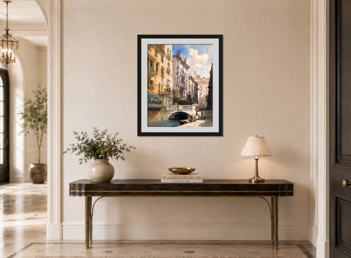 William Callow Print, Canal Barataria, Venice (1885) displayed above a console table