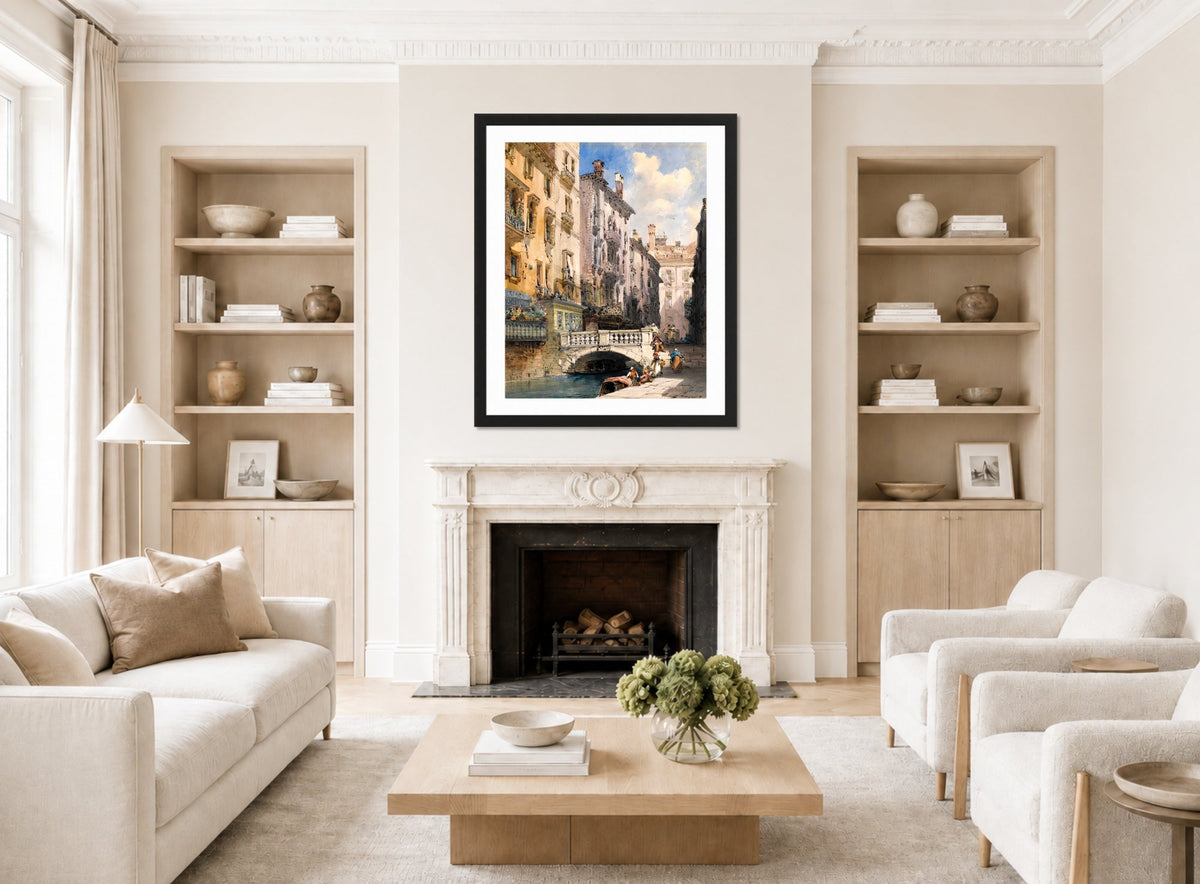 William Callow Print, Canal Barataria, Venice (1885) displayed in a Scandinavian living room