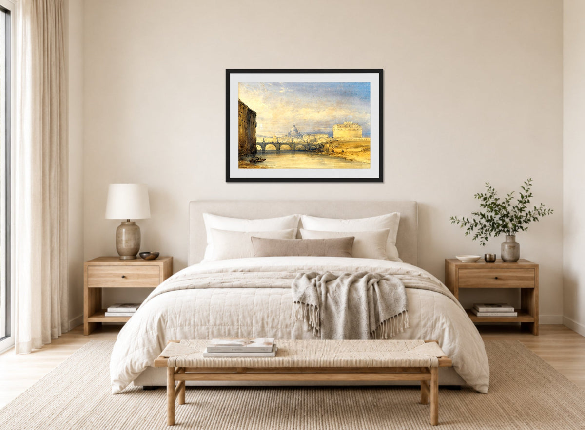 William Callow Print, Castel Sant’Angelo, Rome displayed above a bed