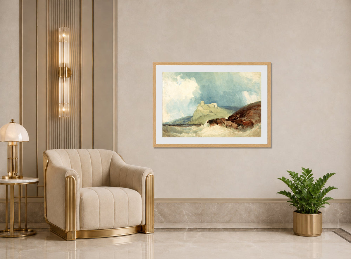 William Callow Print, Castle on a Cliff with Stormy Sea displayed in an Art Deco interior