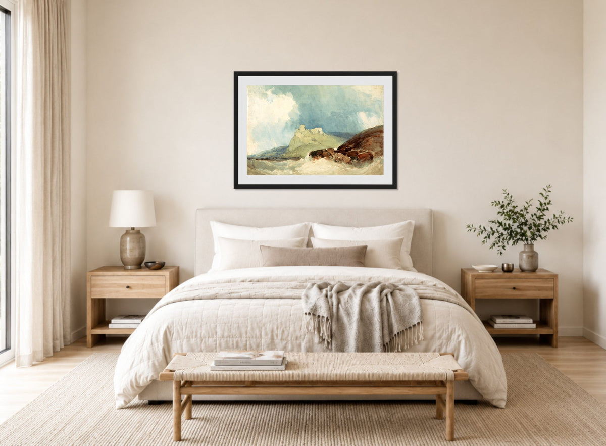 William Callow Print, Castle on a Cliff with Stormy Sea displayed above a bed